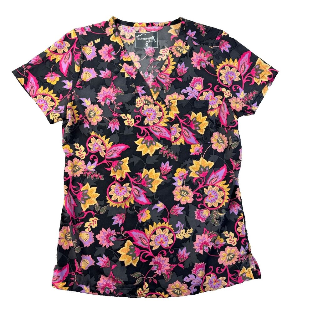Butter Soft Scrub Top Women's Extra Small Black Pink Floral Medical Short Sleeve